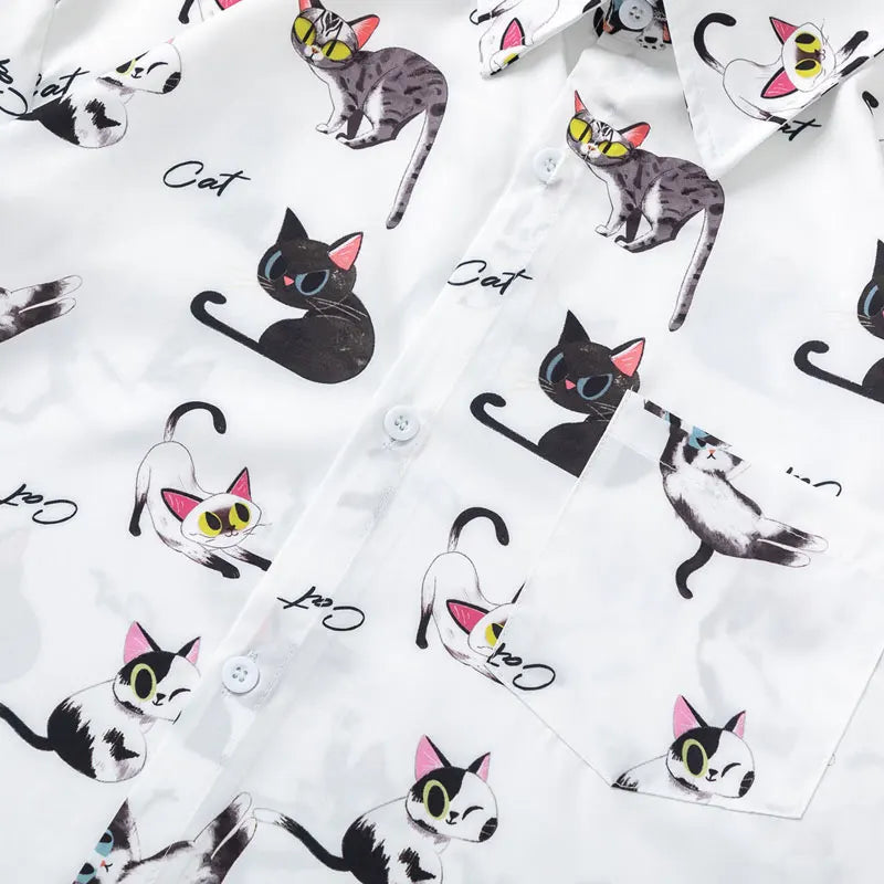 Harajuku Hawaiian Shirts Streetwear Funny Cartoon Cat Graphic Printed Summer Beach Blouse Hip Hop Casual Baggy Short Sleeve Tops
