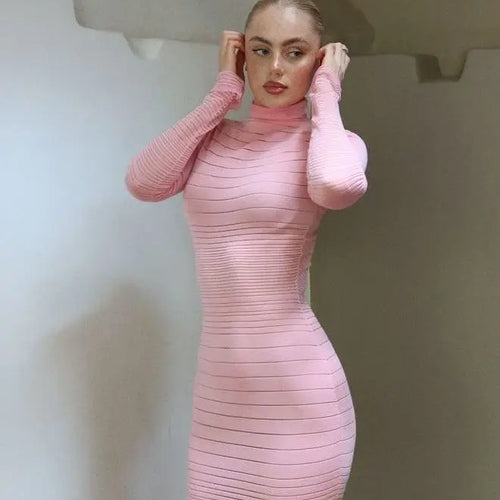 Load image into Gallery viewer, Elegant Long Sleeved Sweater Knit Dress Women Stretch Tight Striped Bodycon Party Evening Dress Fashiona Street Vestido
