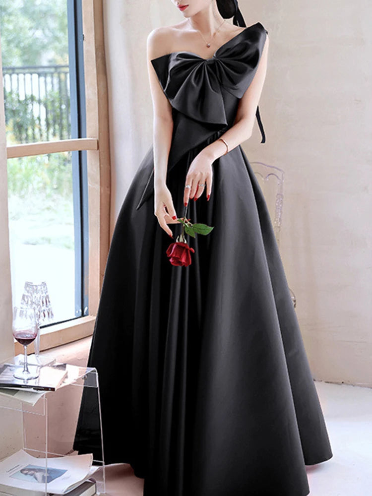 Elegant Patchwork Bowknot Evening Dresses For Women Strapless Sleeveless Backless High Waist Temperament Long Dress Female