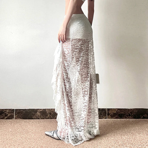 Load image into Gallery viewer, Asymmetrical Fashion White Lace Skirt Women Bow Ruffles See Through Split Korean Style Party Long Skirt Sexy Bottoms
