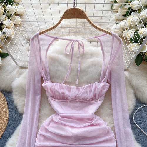 Load image into Gallery viewer, Pink Square Neck Low Cut Long Sleeve Pleated Bandage Mini Dress Women Autumn 2023 Elegant Slim Sexy Club Wrapped Hip Short Dress
