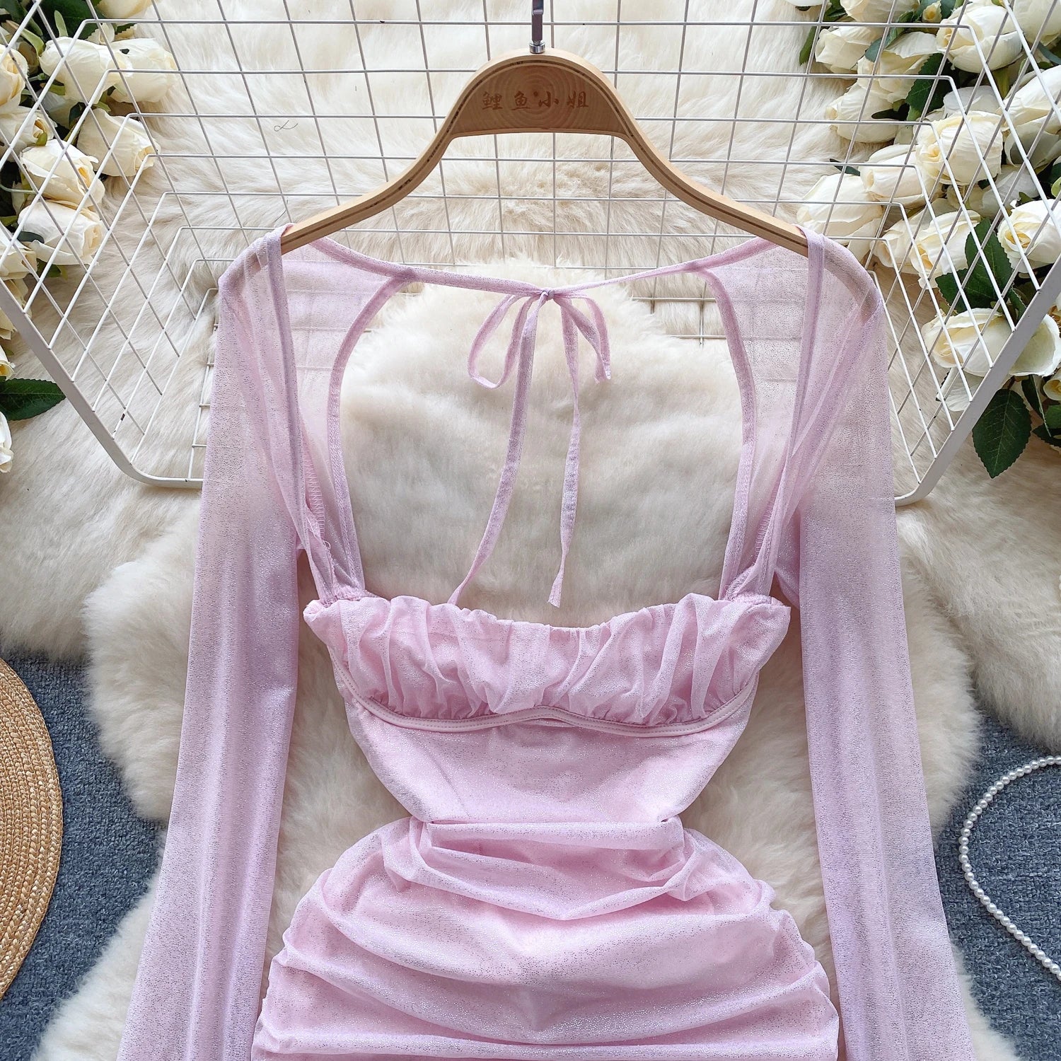 Pink Square Neck Low Cut Long Sleeve Pleated Bandage Mini Dress Women Autumn 2023 Elegant Slim Sexy Club Wrapped Hip Short Dress