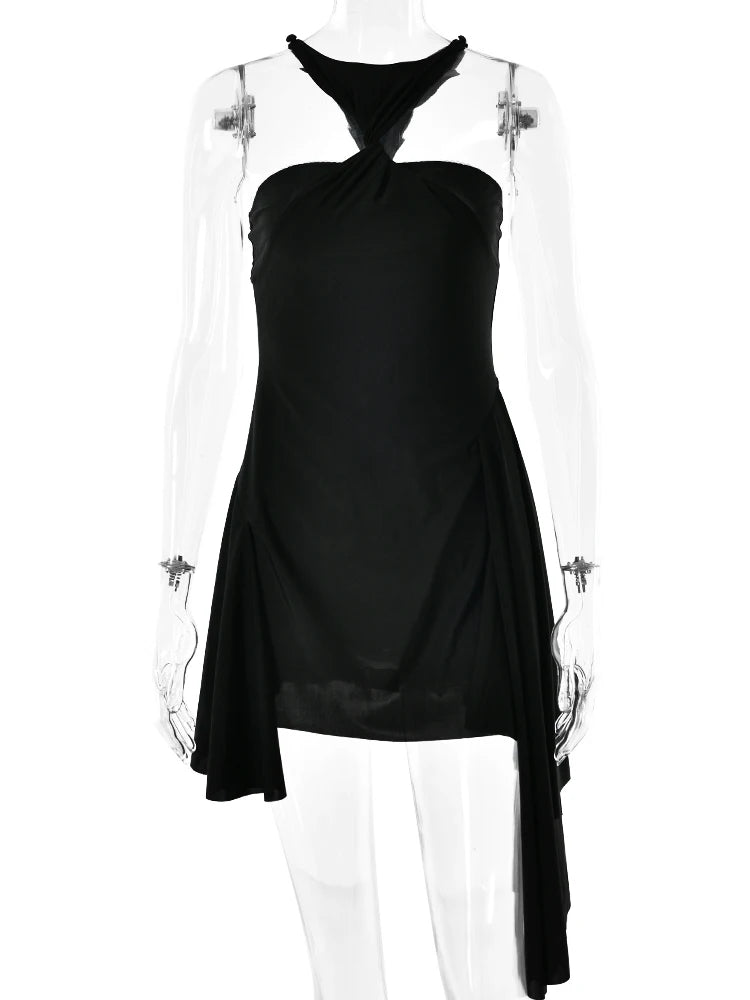 Sexy Sleeveless Hanging Collar Pleated Irregular Dress For Women Bodycon Backless Skirt Autumn Party Club Evening Dress