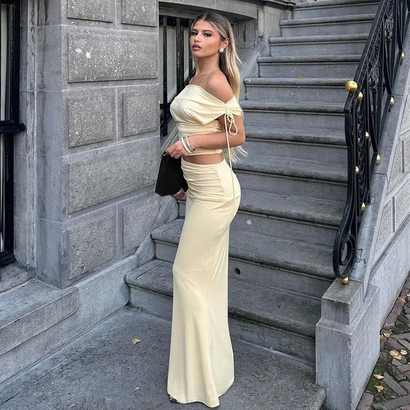 Sexy Skirt Two Pieces Sets For Women Sleeveless Slim Fit Off-shoulder Crop Top And Long Skirt Sexy Two Pieces Sets