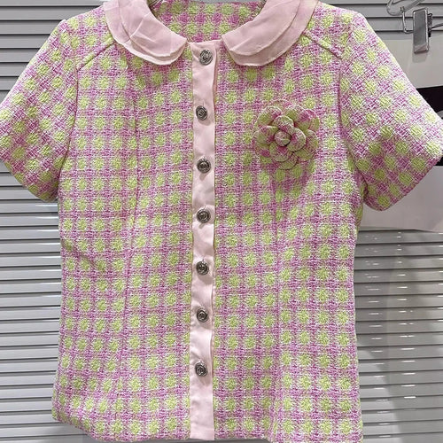 Load image into Gallery viewer, Spliced Plaid Two Piece Sets for Women Peter Pan Collar Short Sleeves Patchwork Button Top Strap Shorts Set Female
