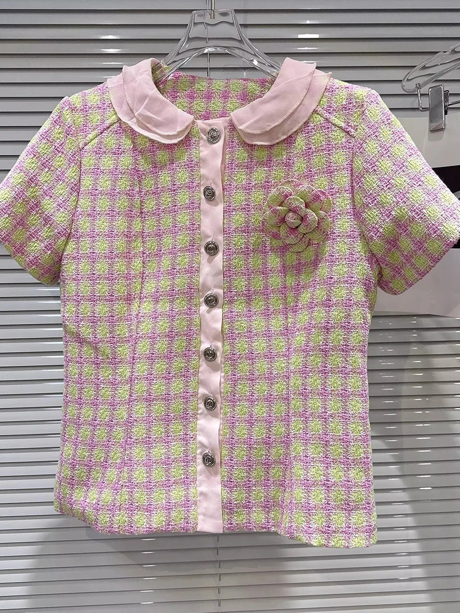 Spliced Plaid Two Piece Sets for Women Peter Pan Collar Short Sleeves Patchwork Button Top Strap Shorts Set Female