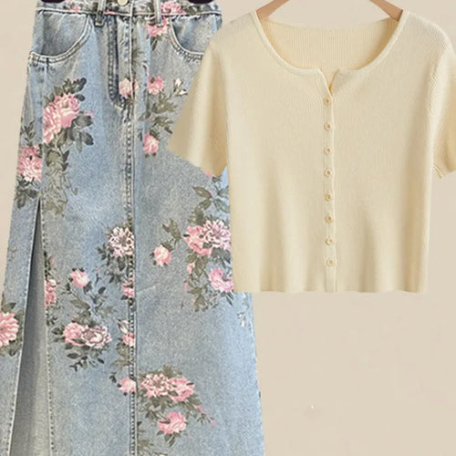 Load image into Gallery viewer, Women Summer Sweet Pink Print Skirts Two Pieces Set Korean Puff Sleeve Bandage Floral Top And Side Split Retro Denim Skirts Sets
