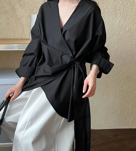 Women Black Bandage Elegant Irregular Big Size Blouse New V-neck Long Sleeve Shirt Fashion Tide Spring Autumn 2025 1DJ0509