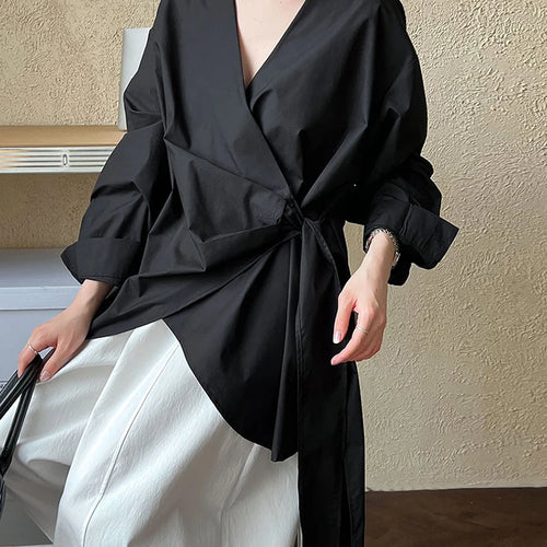 Load image into Gallery viewer, Women Black Bandage Elegant Irregular Big Size Blouse New V-neck Long Sleeve Shirt Fashion Tide Spring Autumn 2025 1DJ0509
