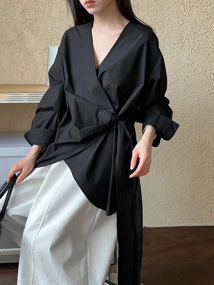 Women Black Bandage Elegant Irregular Big Size Blouse New V-neck Long Sleeve Shirt Fashion Tide Spring Autumn 2025 1DJ0509
