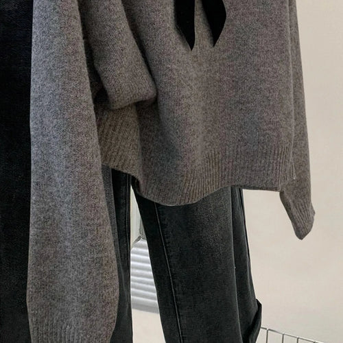 Load image into Gallery viewer, Autumn Winter New Grey Patchwork Long Sleeved Bow Knitted Sweater Vintage Woman Beige Elegant Loose Festival Pullover Slim Tops
