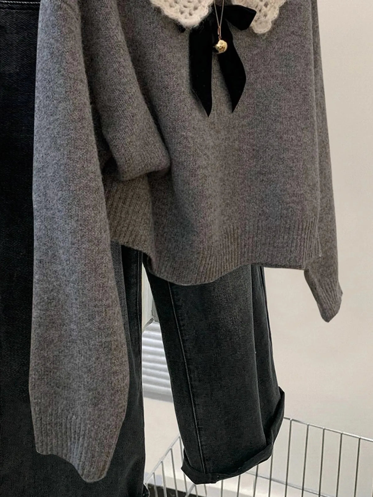 Autumn Winter New Grey Patchwork Long Sleeved Bow Knitted Sweater Vintage Woman Beige Elegant Loose Festival Pullover Slim Tops