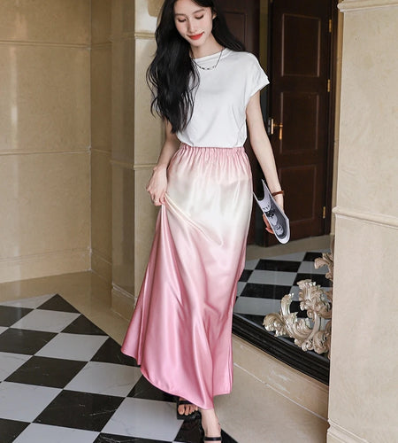 Spring Summer Gradient High Waisted Pleated Skirt Women Clothes French Vintage Elegant Vacation Party Long Skirt Streetwear Chic
