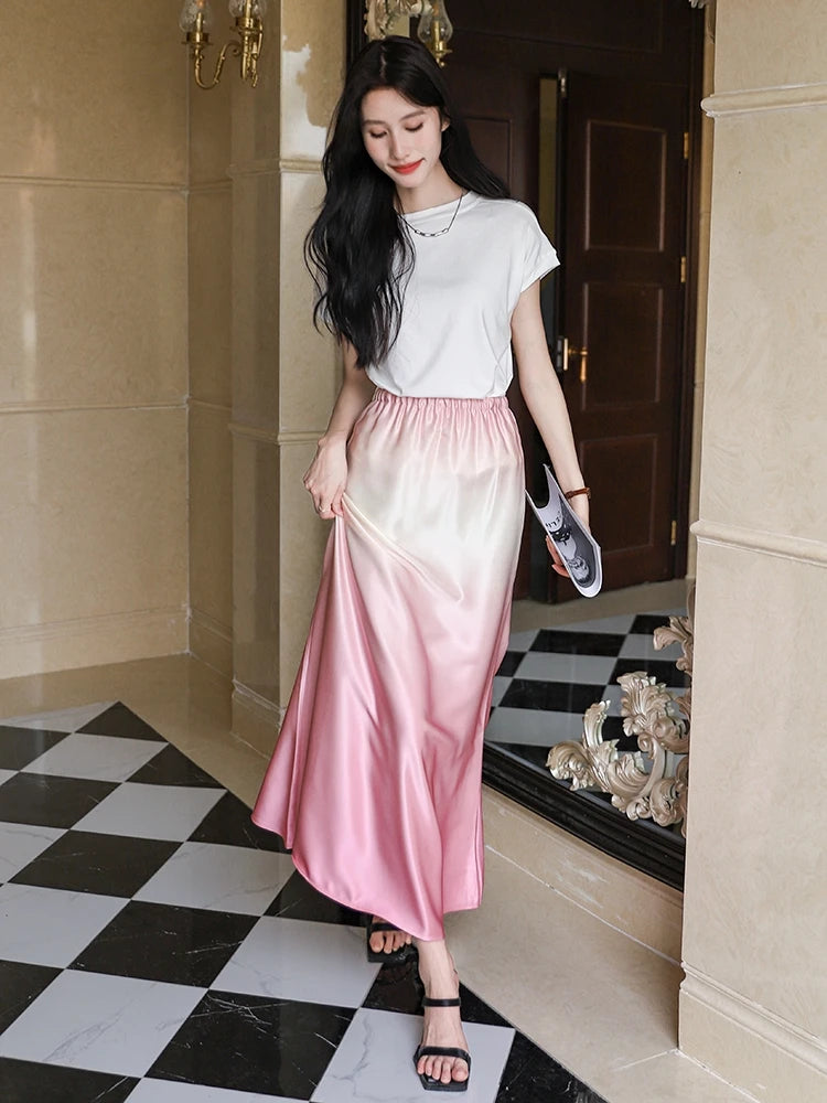 Spring Summer Gradient High Waisted Pleated Skirt Women Clothes French Vintage Elegant Vacation Party Long Skirt Streetwear Chic