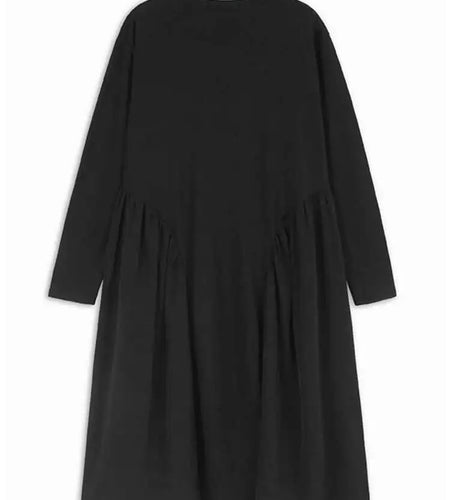 Women Black Side Pleated Spliced Big Size Midi Dress New Round Neck Long Sleeve Fashion Tide Spring Autumn 2025 1DH7010