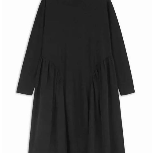 Load image into Gallery viewer, Women Black Side Pleated Spliced Big Size Midi Dress New Round Neck Long Sleeve Fashion Tide Spring Autumn 2025 1DH7010
