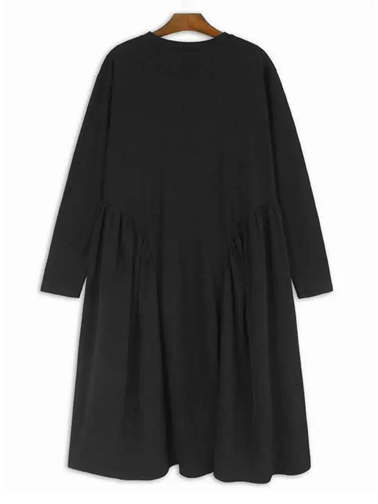 Women Black Side Pleated Spliced Big Size Midi Dress New Round Neck Long Sleeve Fashion Tide Spring Autumn 2025 1DH7010