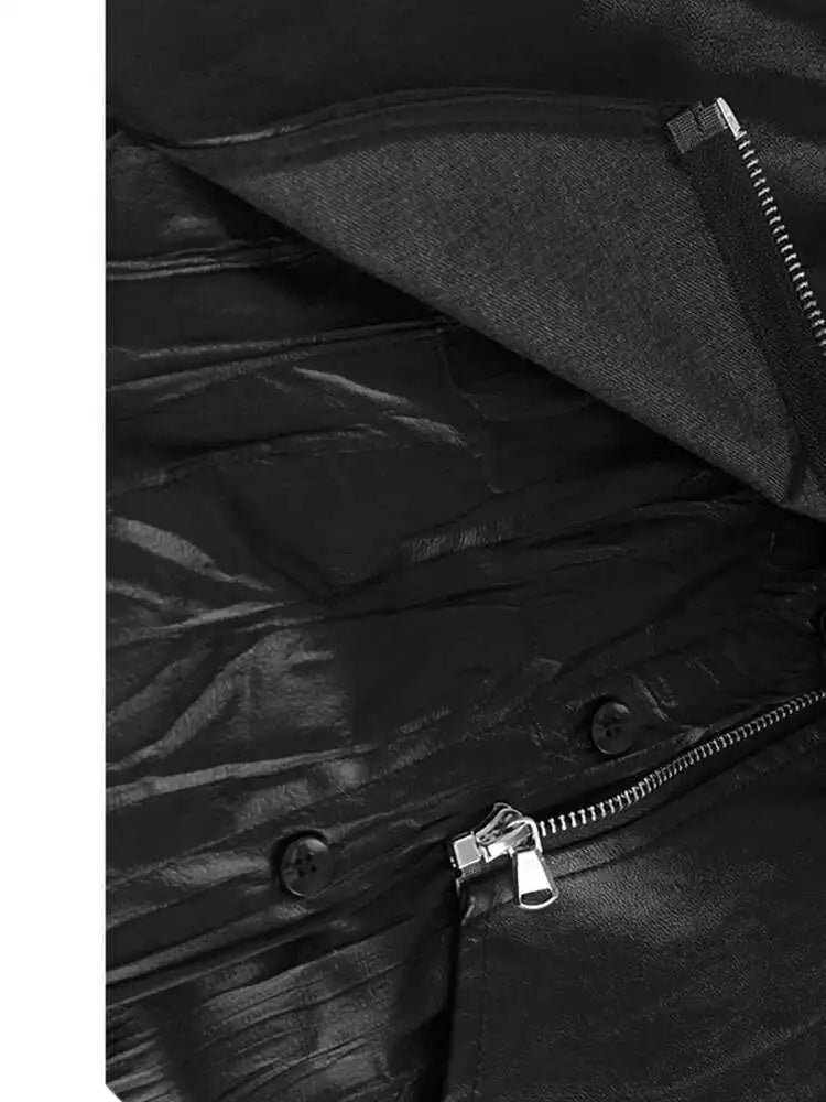 Women Black Pu Leather Pleated Big Size Mini Shirt Dress New Lapel Long Sleeve Fashion Tide Spring Autumn 2025 1DH7337