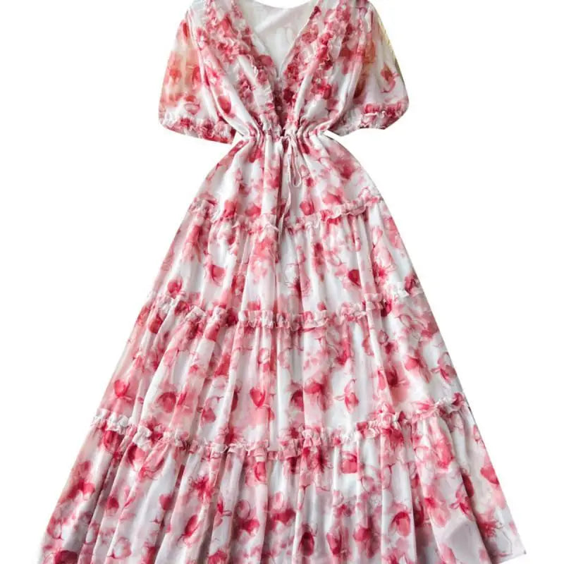 French Retro Women Floral Temperament V Neck Short Sleeved Ruffles Long Dress Summer Elegant Lace-up Party Pleated Dresses Boho