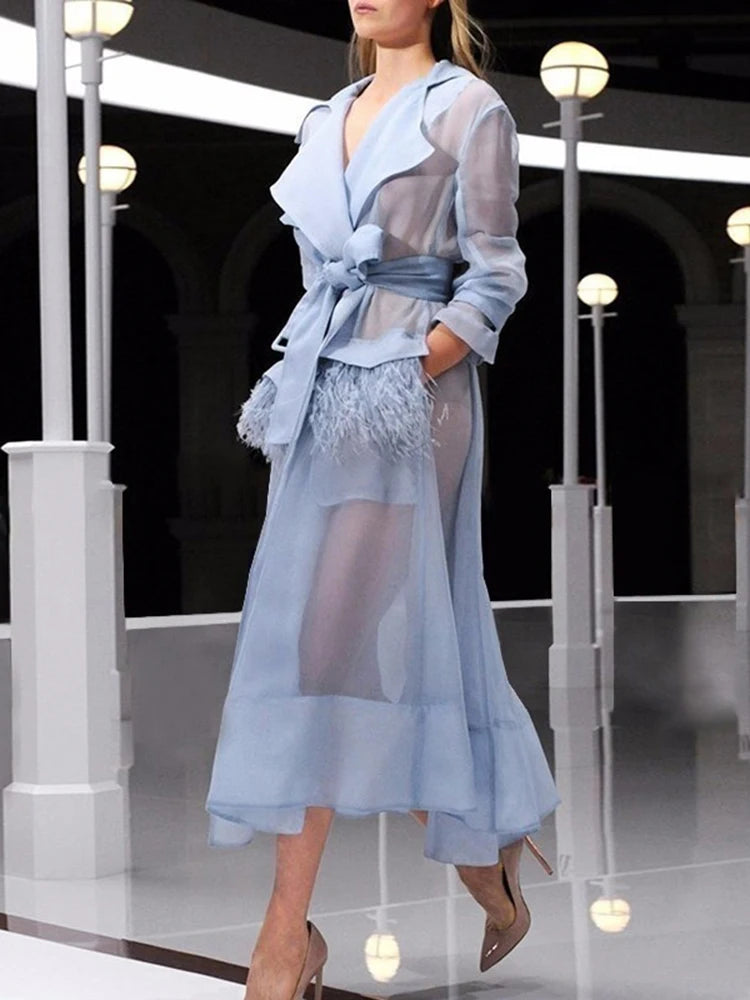 Korean Elegant Sashes Dress For Women Notched Collar Long Sleeve High Waist Solid Minimalist Midi Dresses Female Clothes New