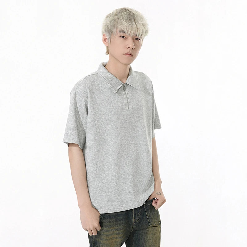 Solid Color Men's T-shirts Lapel Half Zipper Simple Short Sleeved Casual Menswear Pullover Loose Male Tees Korean 9W1260