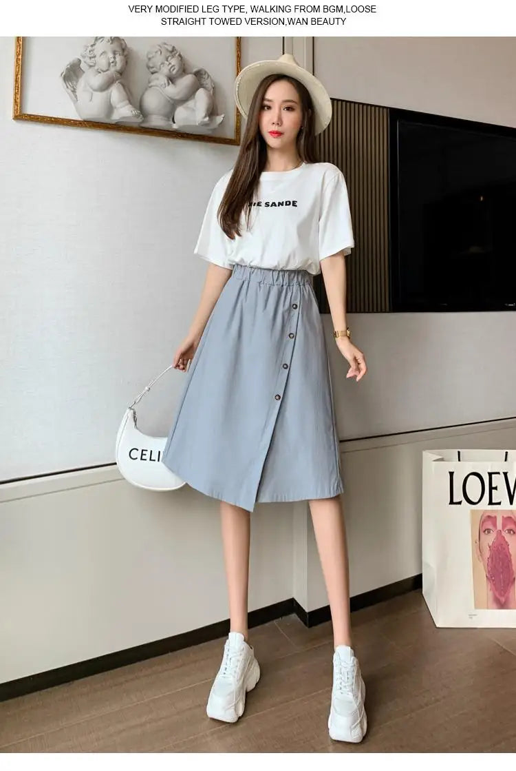 Solid Button Wide Leg Pant Skirt Female High Waist Loose Pentagonal Pant Korean Baggy Casual Fashion Trend Women Clothing Summer