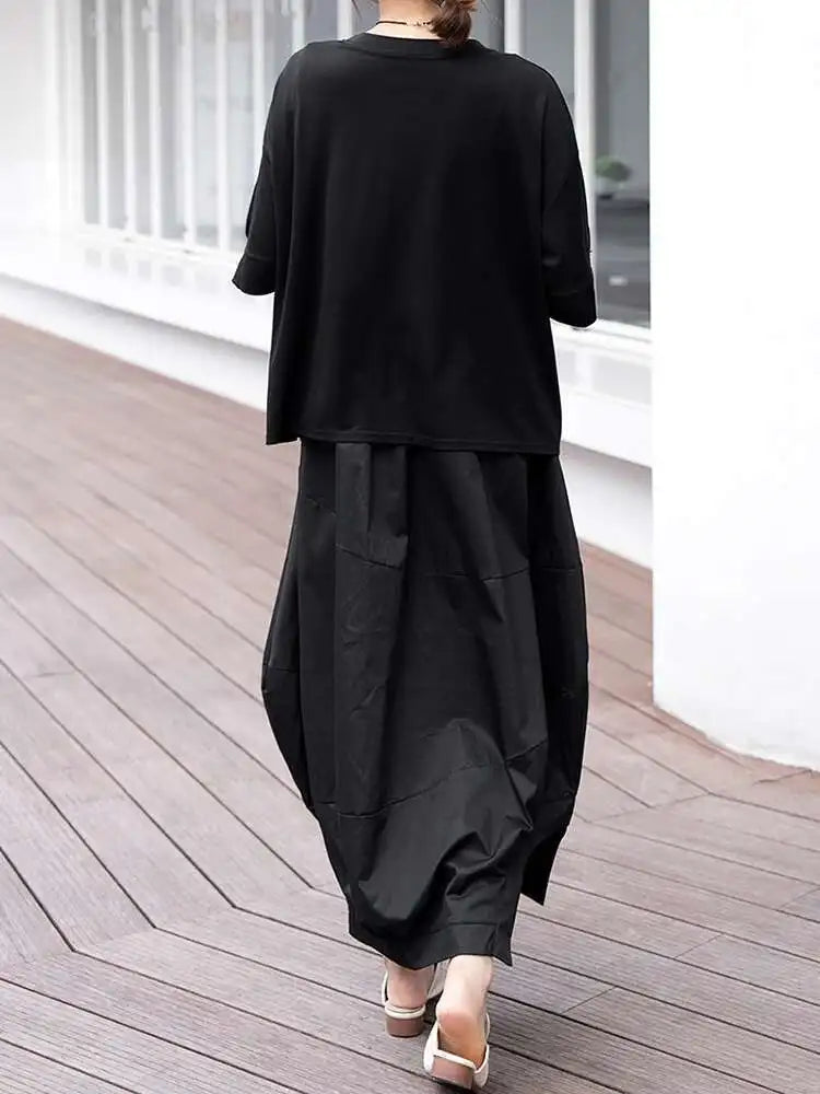 Women Black Irregular Hem Big Size Casual T-shirt New Round Neck Short Sleeve Fashion Tide Spring Summer 2025 1DJ0618