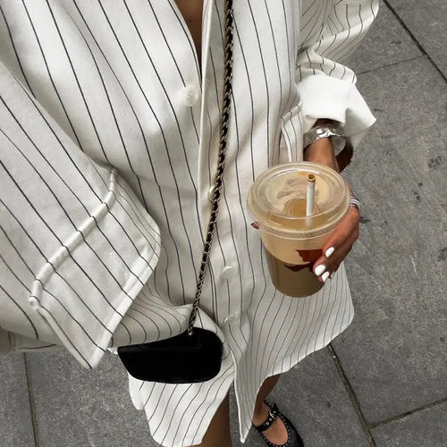 Load image into Gallery viewer, Hit Color Striped Minimalist Loose Shirt For Women Lapel Long Sleeve Patchwork Pockets Casual Blouse Female Fashion Clothes
