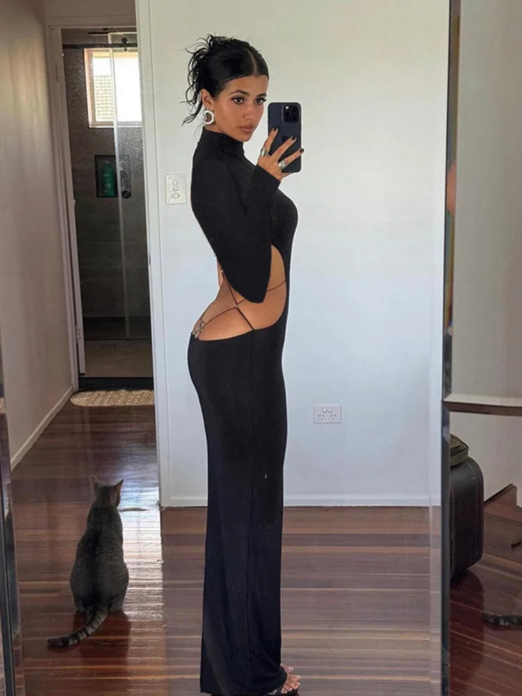 Sexy Long Sleeved Backless Bodycon Dress For Women Autumn 2024 New Sexy Slim Small High Neck Backless Butterfly Dress