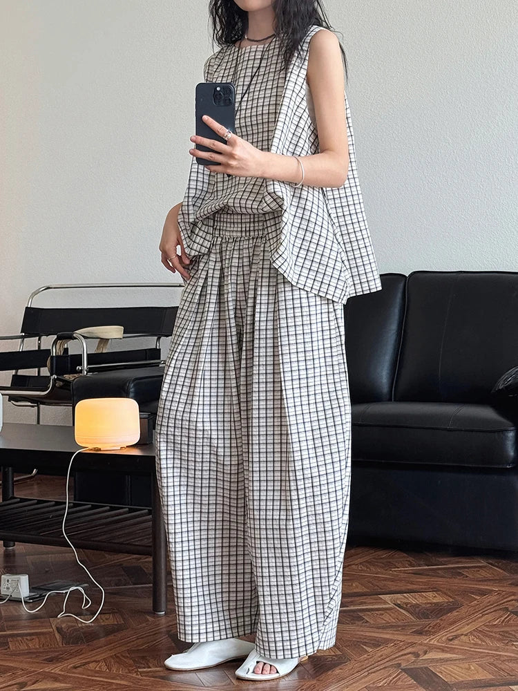 High Elastic Waist Blue Plaid Brief Casual Wide Leg Pants New Trousers Women Fashion Tide Spring Autumn 2025 1DJ0747