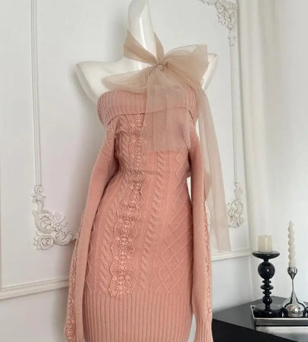 Autumn Winter New Pink Lace Off Shoulder Elegant Knit Dress Women Long Sleeve Slim French Vintage Festival Party Short Dresses