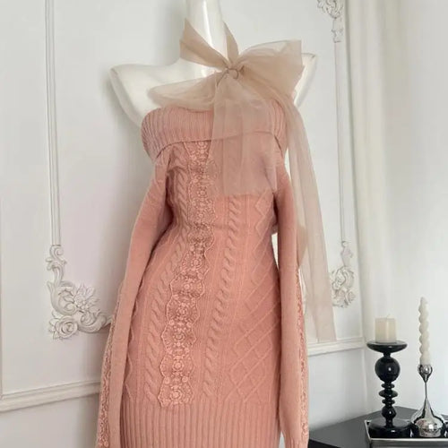 Load image into Gallery viewer, Autumn Winter New Pink Lace Off Shoulder Elegant Knit Dress Women Long Sleeve Slim French Vintage Festival Party Short Dresses
