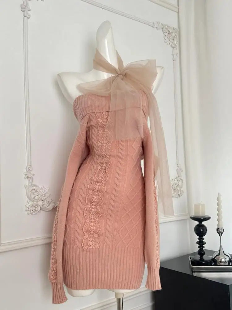 Autumn Winter New Pink Lace Off Shoulder Elegant Knit Dress Women Long Sleeve Slim French Vintage Festival Party Short Dresses