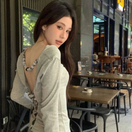 Load image into Gallery viewer, Sexy Hollow Out Grunge String Beads Shirts Femme Slim Y2k Aesthetic Solid Streetwear Cropped Tops Women Harajuku Grunge T-shirt
