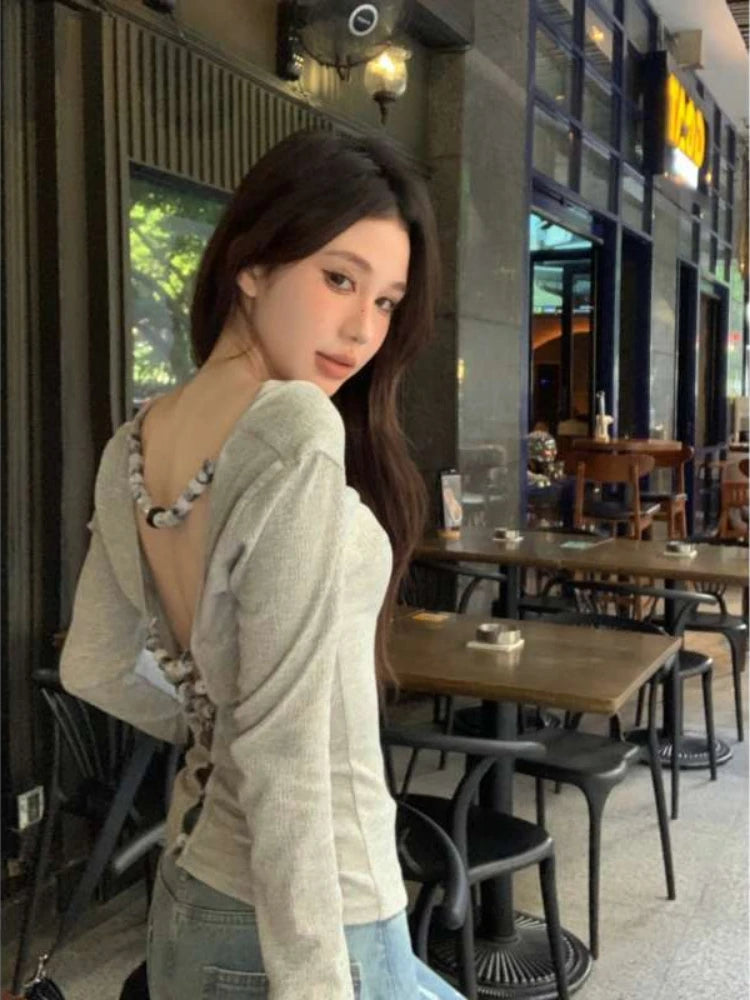 Sexy Hollow Out Grunge String Beads Shirts Femme Slim Y2k Aesthetic Solid Streetwear Cropped Tops Women Harajuku Grunge T-shirt