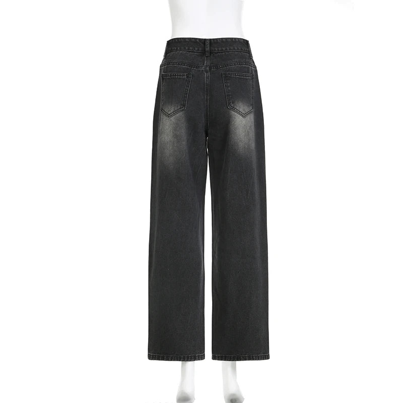 Streetwear Rhinestone Bling Female Jeans Baggy Pants Distressed Grunge Outfits Denim Trousers Straight Vintage Bottom
