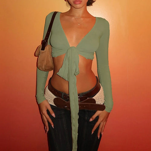 Load image into Gallery viewer, Casual Summer Solid Basic Smock T-shirts Women Tie Up Cardigan Long Sleeve Cropped Tops All Match Skinny Clothes Chic
