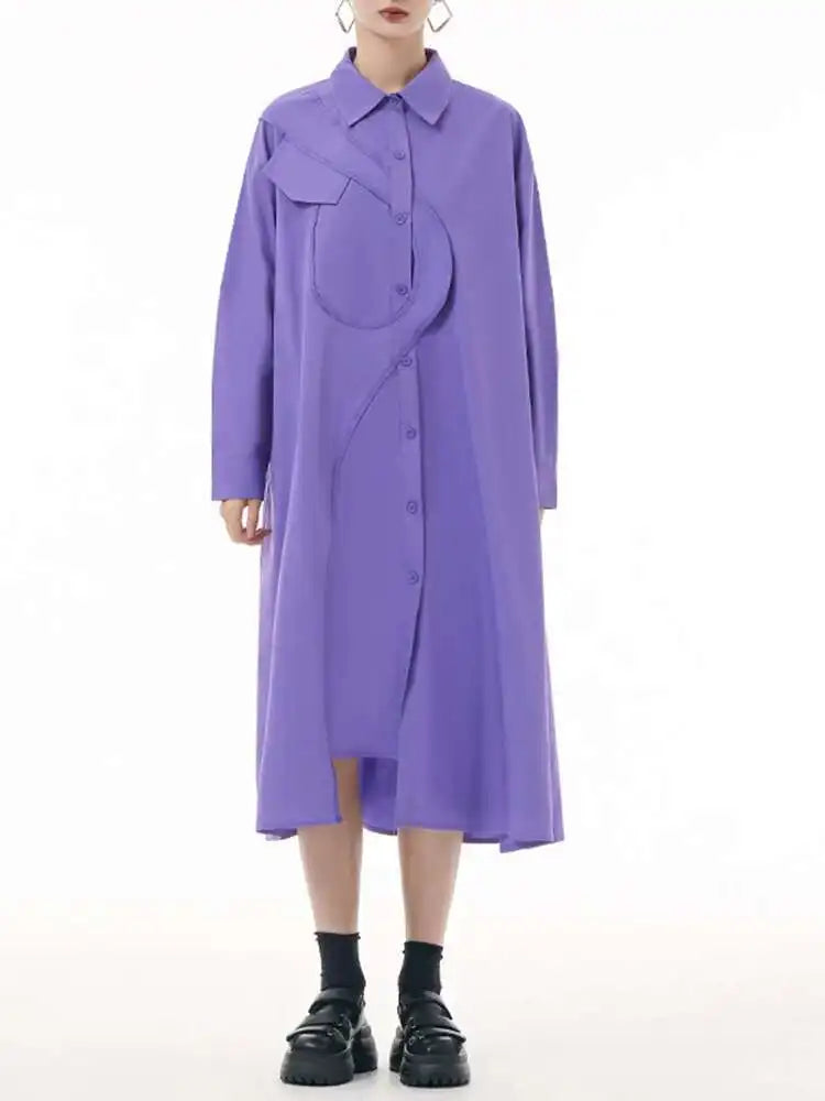 Women Purple Irregular Spliced Big Size Shirt Dress New Lapel Long Sleeve Loose Fit Fashion Spring Autumn 2025 1DH0654
