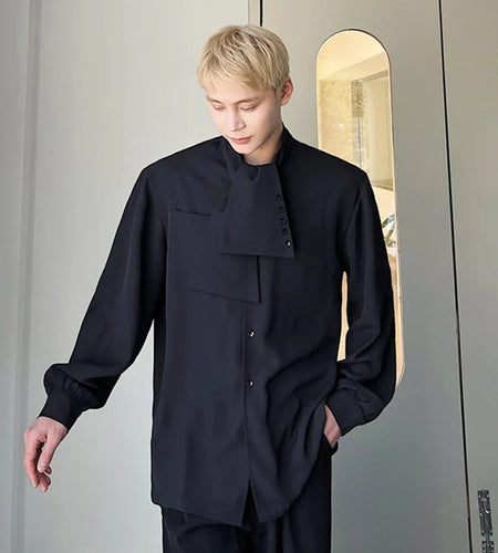 Men's Shirts Korean Style Trendy Ribbon Tie Decoration Long Sleeved Shirt Solid Color Stand Collar Casual Top Tide 9W1281