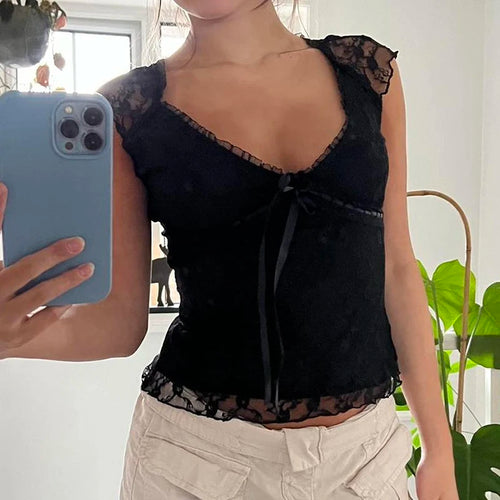 Load image into Gallery viewer, Vintage Black Frills Summer Lace T shirt Female Bow Tie-Up Slim Y2K Aesthetic 2000s Top Tee Chic Party Sexy Outfits
