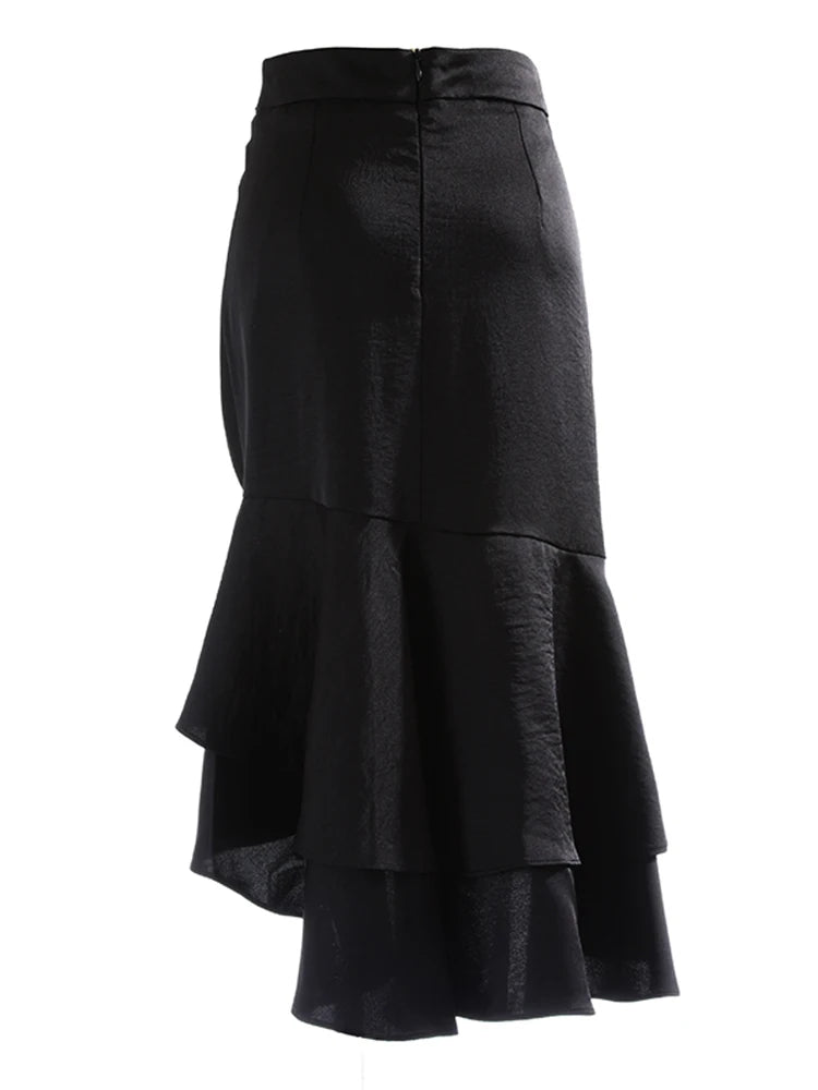 Black Patchwork Mesh Skirt For Women High Waist Chain Tassel Loose Midi Skirts Female Fashion Summer Clothing Style