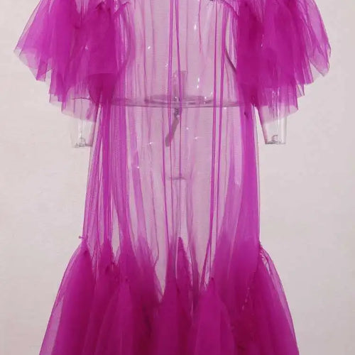 Load image into Gallery viewer, Women Purple Ruffles Mesh Perspective Big Size Long Dress New Round Neck Half Sleeve Fashion Spring Summer 2025 JR7711
