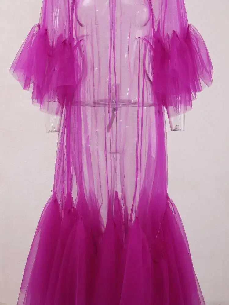 Women Purple Ruffles Mesh Perspective Big Size Long Dress New Round Neck Half Sleeve Fashion Spring Summer 2025 JR7711