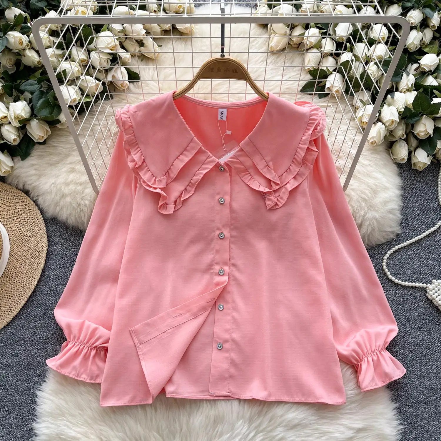 Autumn 2024 Vintage Women Sweet Solid Ruffles Shirts Fashion Ladies Long Sleeves Blouses Chic Single Breasted Tops Clothes Chic