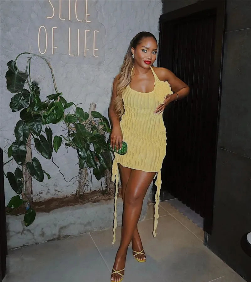 Halter Floral Pleated Sexy Mini Dress For Women Robe Fashion Sleeveless Backless Draped Club Party Dress Elegant