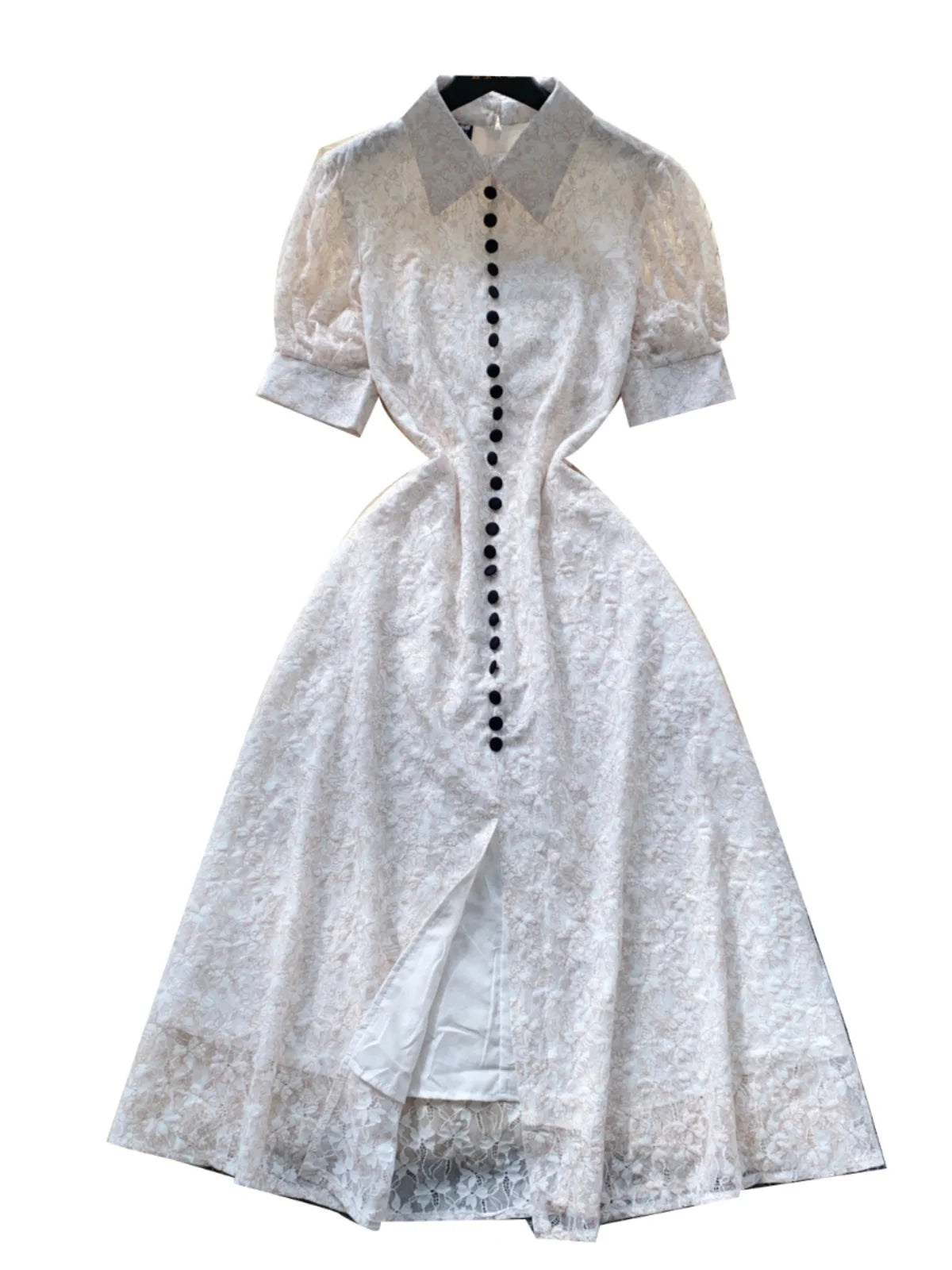 Summer French Retro White Lace Elegant Short Sleeve Long Dress For Women High Waist Slim Button Designer Party Princess Dresses