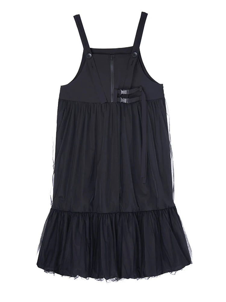 Women Black Buckle Mesh Big Size Midi Strap Dress New Square Collar Sleeveless Fashion Tide Spring Autumn 2025 1DJ1426