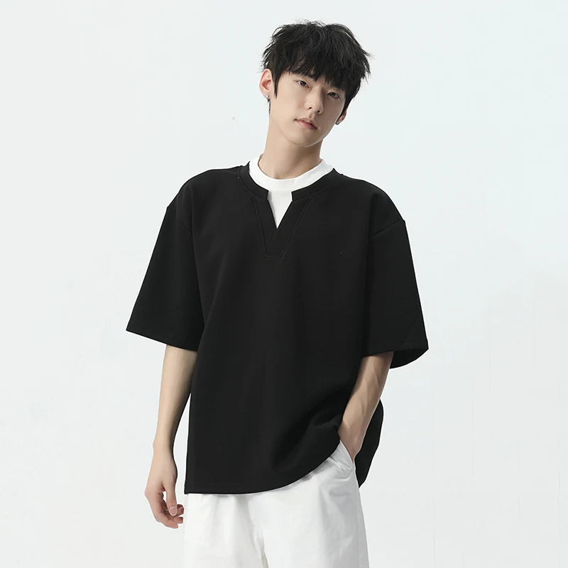 Korean Style T-shirt Fake Two Piece Contrast Color Simple V-neck Short Sleeve Casual Male Clothing Summer Simple 9C5433