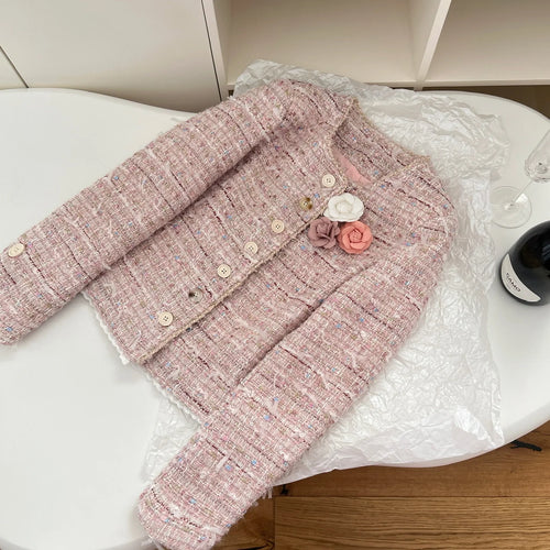 Load image into Gallery viewer, Autumn New Women's Pink Temperament Versatile Round Neck Festival Jacket French Fashion Single Breasted Long Sleeve Short Coat
