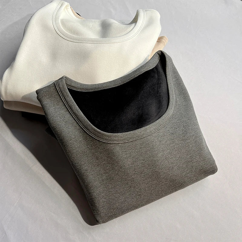 Solid O Neck Long Sleeve Shirt Women Autumn Winter Bottoming Tops Casual Slim Basic Velvet T-shirt 2024 Simplicity Popular Trend